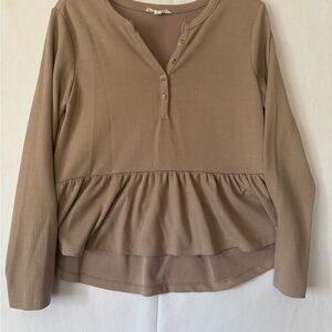 Mine Tan Button-Up Peplum Blouse